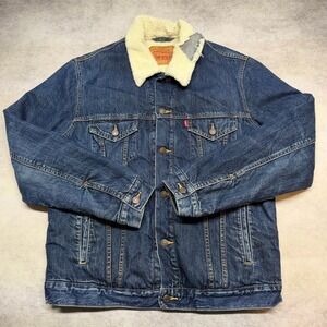 Levis Sherpa Lined Denim Trucker‎ Jacket Mens Large Blue Y2K Workwear Distressed